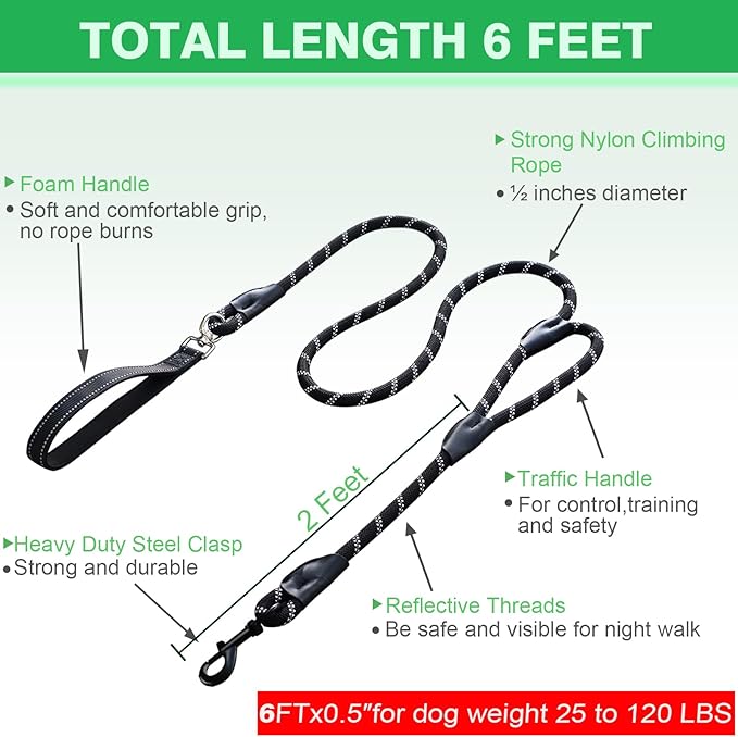 Dog Leash, 6 Foot Dog Leash, 2 Extra Padded Handles, Lockable Metal Carabiner Clip, Reflective No Pull Heavy Duty Rope Lead, Walking, Training, Running, Medium to Large Breeds（Black）