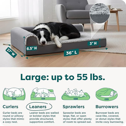 FurHaven Orthopedic Dog Bed for Large Dogs, L-Shaped Chaise Contour with Orthopedic Egg Crate & a Solid Orthopedic Foam Base for Joint Support, Washable Cover, Large, Faux Fur & Suede, Stone Gray