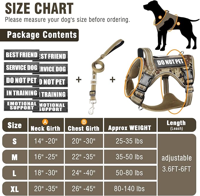 MOOGROU Tactical Dog Harness and Leash Set Medium Sized Dog,Heavy Duty No Pull Service Dog Vest and 10 Patches with Dog Seat Belt,Reflective Adjustable Pet Harness for Training Walking Hiking Camo M