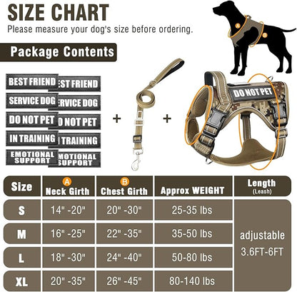 MOOGROU Tactical Dog Harness and Leash Set for Large Dogs,Heavy Duty No Pull Service Dog Vest and 10 Patches with Dog Seat Belt,Reflective Adjustable Pet Harness for Training Walking Hiking Camo L