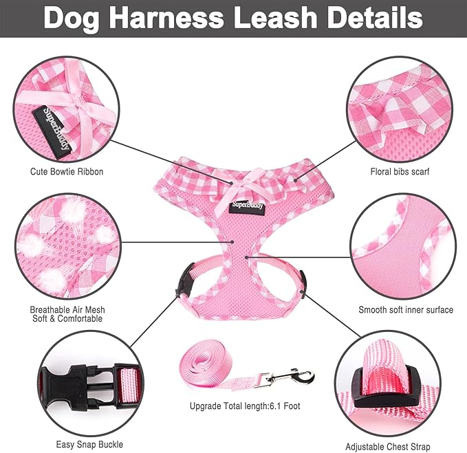 SuperBuddy Upgraded Soft Mesh Dog Harness, Super Breathable Lightweight Pet Harnesses for Puppy Dogs Outdoor Walking, Pink Dog Harness and Dog Leash Set Packing -XSmall