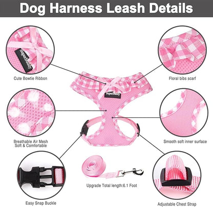 SuperBuddy Upgraded Soft Mesh Dog Harness, Super Breathable Lightweight Pet Harnesses for Puppy Dogs Outdoor Walking, Pink Dog Harness and Dog Leash Set Packing -Medium