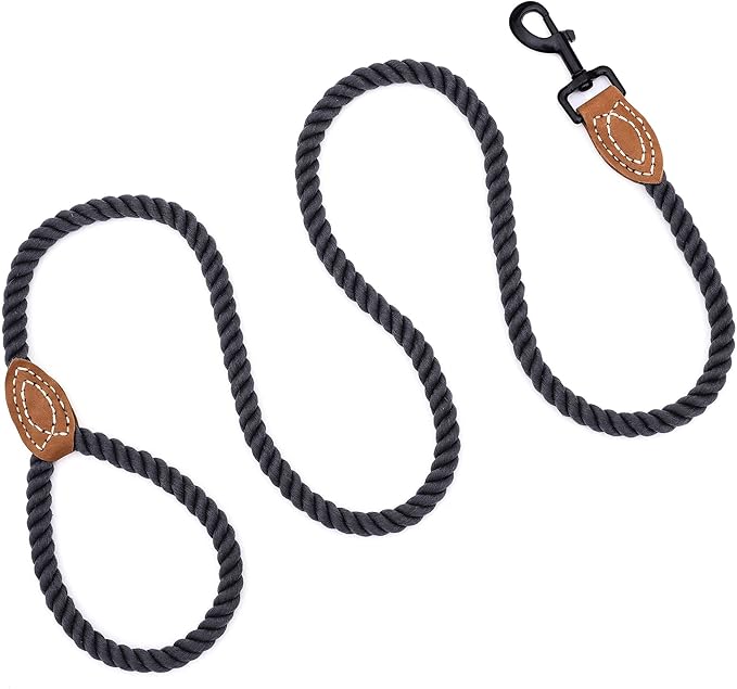 Mile High Life Dog Leash, Braided Cotton Rope Leashes with Leather Tailor Tip with Leather Tip - Heavy Duty Metal Clasp, 4FT, 1/2" Thick - Wedding, Walking for Medium Large Dogs(Dark Gray)