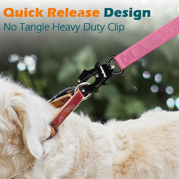 PetBonus Heavy Duty Tactical Dog Leash, 5 FT Bungee Shock Absorption Leash with 2 Padded Handles, Quick Release Metal Clip, Car Seatbelt, No Pull Training Lead for Large Medium Dogs（Pink）