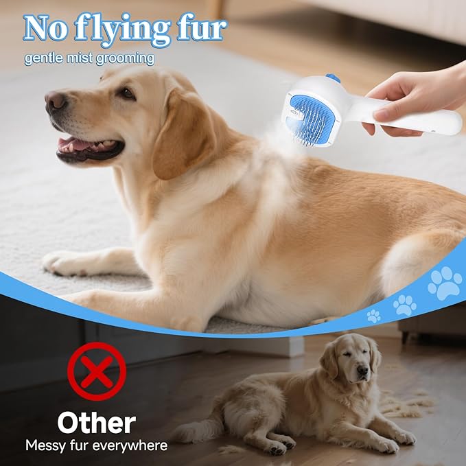Pet Steam Brush for Dog & Cat - 3-in-1 Steam Grooming Brush for Shedding & Hair Removal - Self Cleaning Spray Comb with Mist for Long Haired Pets, Blue(waterless shampoo not include)