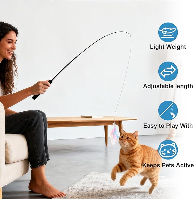 Goosheep 8 Pack Cat Wand Toy Cats Toy (2 Solid Wood Teases+1 Extendable Teaser Wand with 5 Replacement Heads