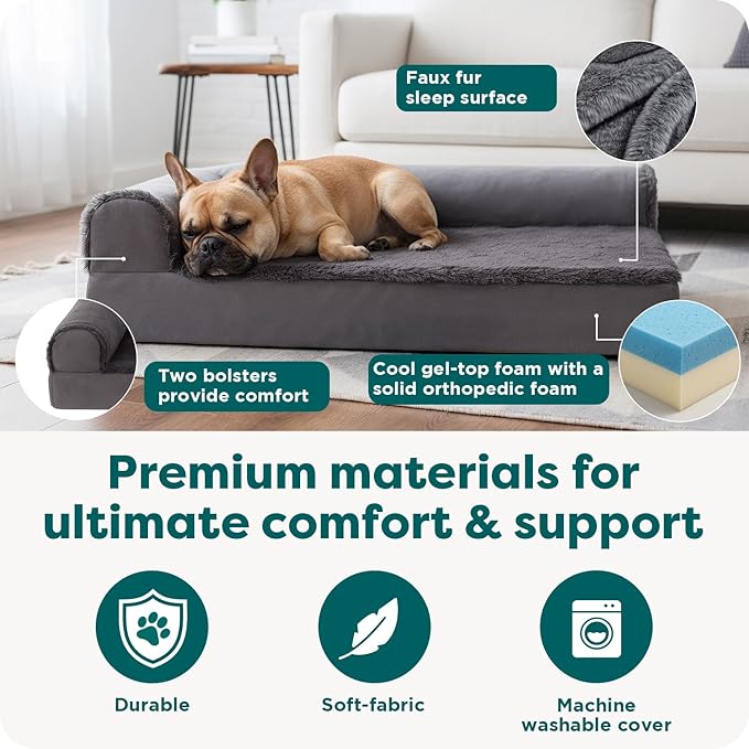 FurHaven Cooling Gel Dog Bed for Medium Dogs, L-Shaped Chaise with Cool Gel-Top Foam with a Solid Orthopedic Foam Base for Joint Support, Washable Cover, Medium, Plush & Velvet, Deep Sapphire