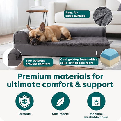 FurHaven Cooling Gel Dog Bed for Medium Dogs, L-Shaped Chaise with Cool Gel-Top Foam with a Solid Orthopedic Foam Base for Joint Support, Washable Cover, Medium, Plush & Velvet, Deep Sapphire