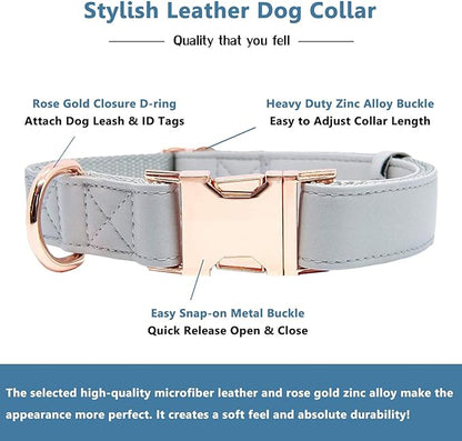 Soft Leather Dog Collar and Leash (6.6') Set - Stylish Rose Gold Heavy Duty Metal Buckle, 4 Adjustable Lengths Leash for Small Medium Large Dogs - Comfortable & Easy to Clean Grey S(12.2"-16.9")