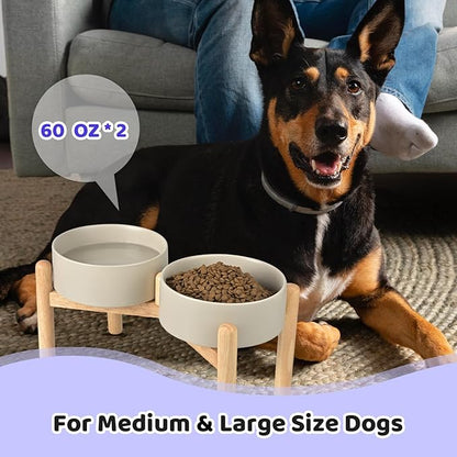 SPUNKYJUNKY Ceramics Elevated Dog Bowls with Wooden Stand - Raised Dog Bowl for Medium Large Dogs - Double 60OZ Bowls, Grey