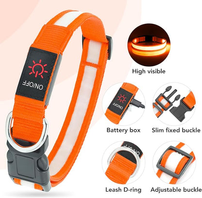 Vizpet LED Dog Collar, Light Up Dog Collar Adjustable USB Rechargeable Super Bright Safety Light Glowing Collars for Dogs(Large,Orange)