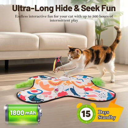 Interactive Cat Toys, Automatic Hide and Seek Cat Toys for Indoor Cats with 4 Lifelike Sounds, Touch Activated, Motorized Wand Feather, and Moving Butterfly for Bored Adult Kitten Cats