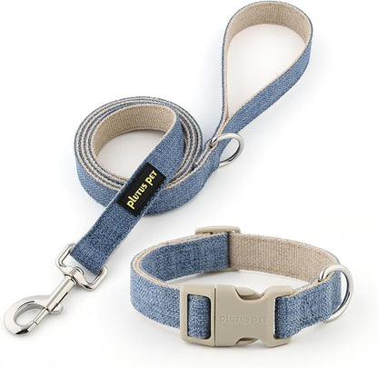Plutus Pet Cotton Hemp Dog Collar and Leash Set, Adjustable Collar for Small, Medium, and Large Dogs, Heavy Duty and Soft on Skin, Haze Blue, S