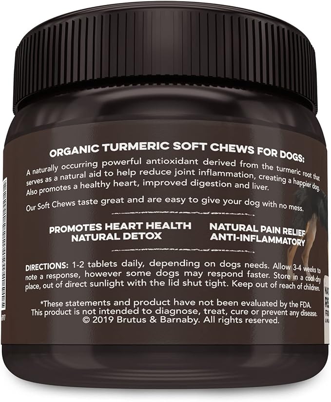 BRUTUS & BARNABY Turmeric for Dogs Anti Inflammatory Pain Relief - Curcumin for Dogs Chews with Collagen & Bioprene - Turmeric Supplement for Dogs Hips, Joint & Mobility Support (60 Count)