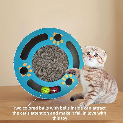 Jollytail Interactive cat Toys for Indoor Cats Scratch pad with 2 Bell Balls and Kitten Tunnel and Scratching Board 11.81 Inch Round