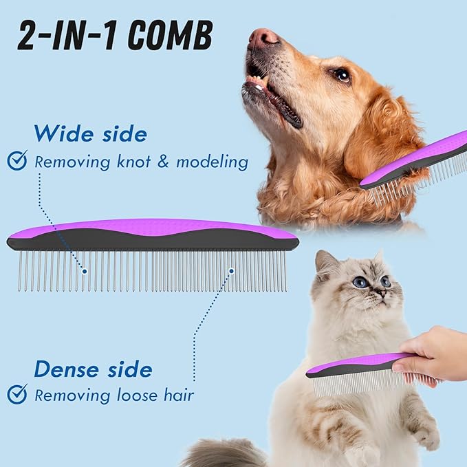 Docrok Pet Grooming Brush and Metal Comb Combo - Undercoat Rake for Dematting and Deshedding Long Matted Haired Dogs and Cats, Purple