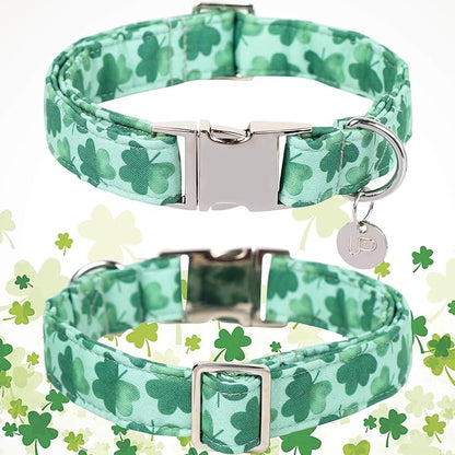 St. Patrick's Dog Collar, Cotton St. Patricks Clover Collar for Puppy Girl Boy Dog or Cat, Lucky Shamrock Dog Collar with Metal Buckle, Green, Spring, XL