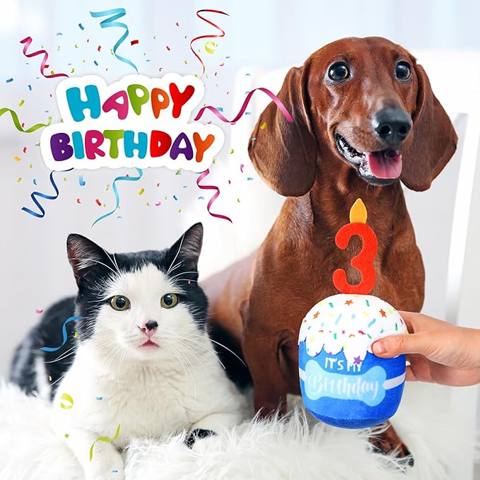 Dog Birthday Cake Toy Accessories for Girl Boy Gifts, Squeaky Plush Toy for Dog Birthday Party Decor Favor for Large, Medium and Small Dogs(3rd,Blue)
