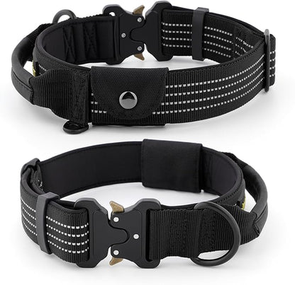 Plutus Pet Tactical Dog Collar with Tracker Pocket for AirTag, Adjustable Reflective Nylon Collar, Metal Buckle, Leather-Wrapped Handle, Soft Padded for Medium Large Dogs (Black, S)