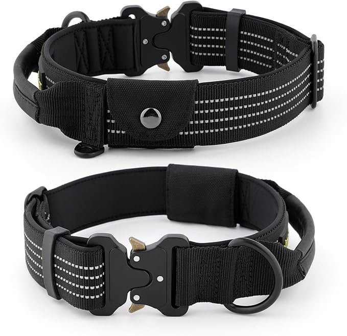 Plutus Pet Tactical Dog Collar with Tracker Pocket for AirTag, Adjustable Reflective Nylon Collar, Metal Buckle, Leather-Wrapped Handle, Soft Padded for Medium Large Dogs (Black, M)