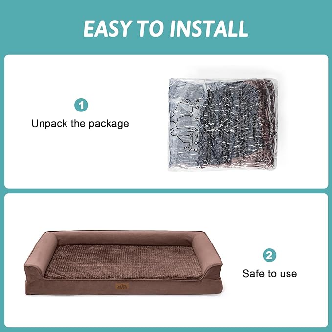 COZY KISS Orthopedic Dog Bed for Large Dog, XL Pet Sofa for Extra Large Dog, Big Supportive Foam Bolster U Shaped Couch with Waterproof Lining Cover, Anti-Slip, Washable, 42x30x7.5 inch, Brown