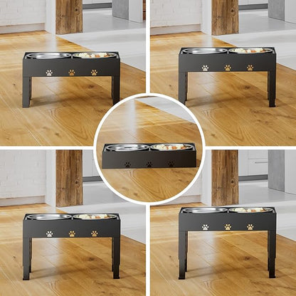 LAKIPETN Elevated Dog Bowls with Mat, Raised Dog Food Bowl Stand with 2 Stainless Steel Bowls, 5 Height Adjustable (3.1", 9", 10", 11", 12") Non-Slip Feeder Set for Medium and Large Dogs – Black