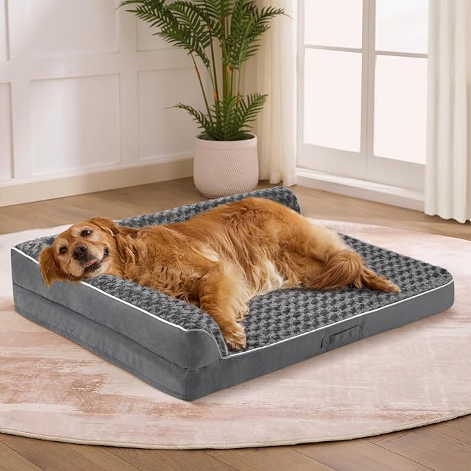 Dog Bed Large Sized Dogs, XL Orthopedic Dog Bed for Large Dogs, Waterproof Pet Bed with Washable Removable Cover, L-Shaped Pet Couch with Portable Handle 42"x30"x7.5", Dark Grey