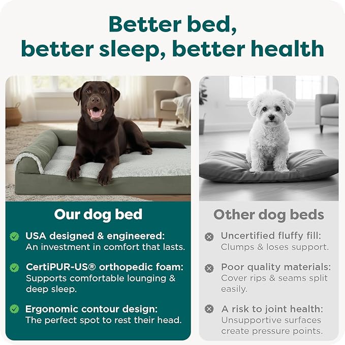 FurHaven Orthopedic Dog Bed for Large Dogs, L-Shaped Chaise Mattress with Orthopedic Egg Crate & Solid Orthopedic Foam Base for Joint Support, Washable Cover, Jumbo XL, Faux Fur & Suede, Dark Sage