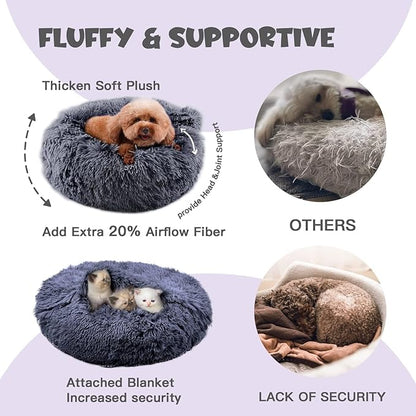 Himax Dog Beds for Large Dogs, Donut Dogs Beds with Blanket Attached, Calming Dog Bed Washable (20"/26"/35") Grey