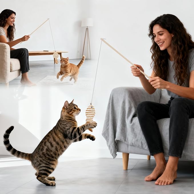 Goosheep 8 Pack Cat Wand Toy Cats Toy (2 Solid Wood Teases+1 Extendable Teaser Wand with 5 Replacement Heads