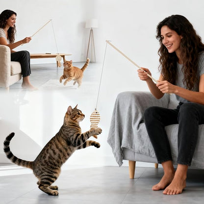 Goosheep 8 Pack Cat Wand Toy Cats Toy (2 Solid Wood Teases+1 Extendable Teaser Wand with 5 Replacement Heads