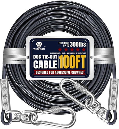Tie Out Cable for Large Dogs, 100ft Dog Runner for Yard, Heavy Duty Swivel Hooks Lead Holds Break Strength of 1000lbs, Steel Wire Dog Chain Leash Cable Outside, Camping(Grey)
