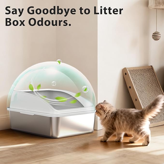 Stainless Steel Litter Box | Metal Kitty Litter Box with Lid High Sided for Small Cats or Injured Cats, Bunny Litter Boxes, Low Entry, Odor-Free, Non-Stick,Includes Scoop