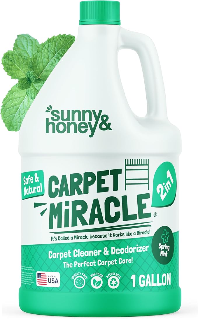 Sunny & Honey Carpet Cleaner Solution - Carpet Shampoo & Pet Stain Remover for Upholstery & Rugs - Works With Steam Cleaners (128 fl oz, Spring Mint Scent)