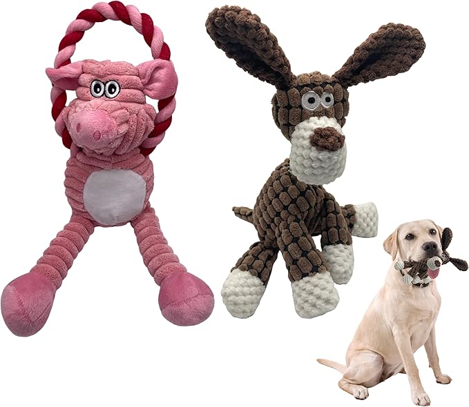 Plush Wrinkled Squeaky Dog Toy,2-Pack The Best Durable Teething Puppy Rope Chew Toy Keeps Them Busy Playing Hide-and-Seek Suitable for Puppy, Medium Dogs and Large Dogs (Pink & Gray)