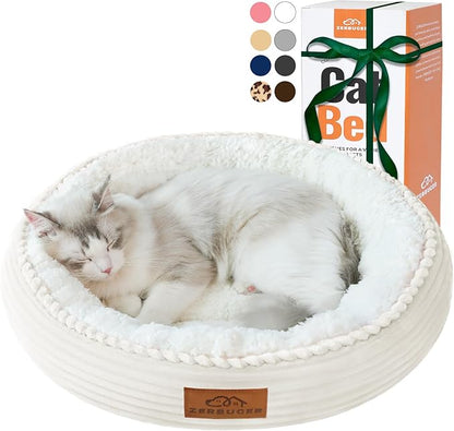 Zerbuger 20in Cream Round Cat Dog Bed Gift for Large Medium Small Dogs Cats, Machine Washable Sleeping Sofa, Non-Slip Bottom Breathable Soft Calming Pet Cuddler for Indoor/Outdoor/Car/Cage