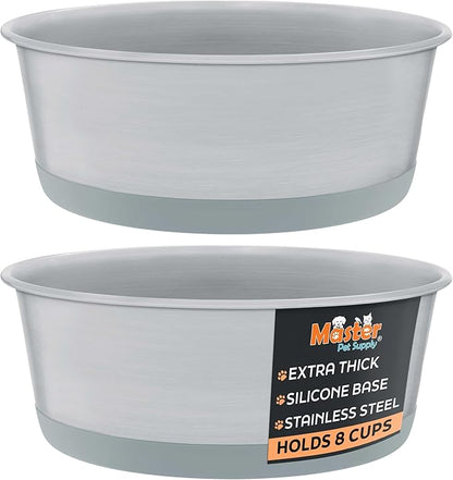 Master Pet Supply Stainless Steel Dog Bowls Set of 2 with Extra Thick Silicone Base - 8 Cup (64 oz) Graphite, Non-Slip, Dishwasher Safe Metal Bowls, Pet Dog Food Bowl for Dogs, Cats, Anti Rust