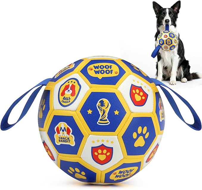 Vivifying Dog Toys Balls, Interactive World Cup Soccer Ball for Small Medium Dogs, Durable PU Enrichment Training Toy with Straps for Indoor and Outdoor Tug-of-War & Playing (6 Inches)