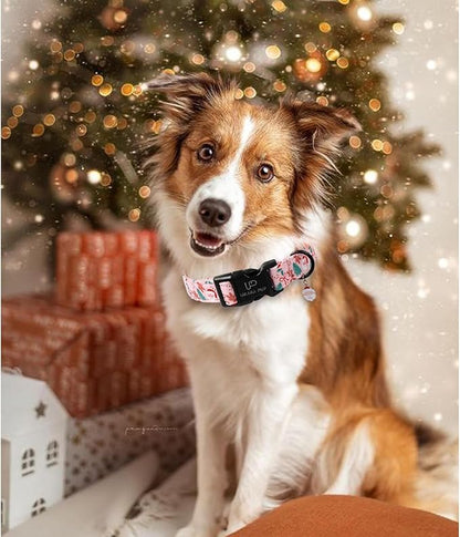 Xmas Dog Collars - Pink Christmas Tree & Santa Dog Collar with Gingerbread- Comfortable, Stylish Pet Collars with Quick Release Buckle for Christmas S
