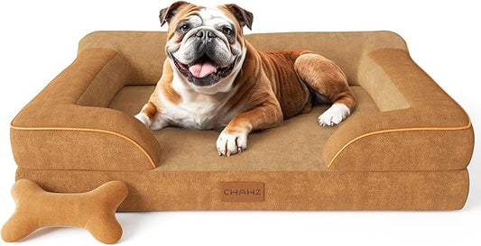CWAWZ Dog Beds for Large Dogs, Orthopedic Dog Bed with Cooling Gel Memory Foam, Waterproof Large Pet Bed with Removable Washable Cover, 36" Pet Sofa Couch Dutch Velvet with Bone Toy, Brown