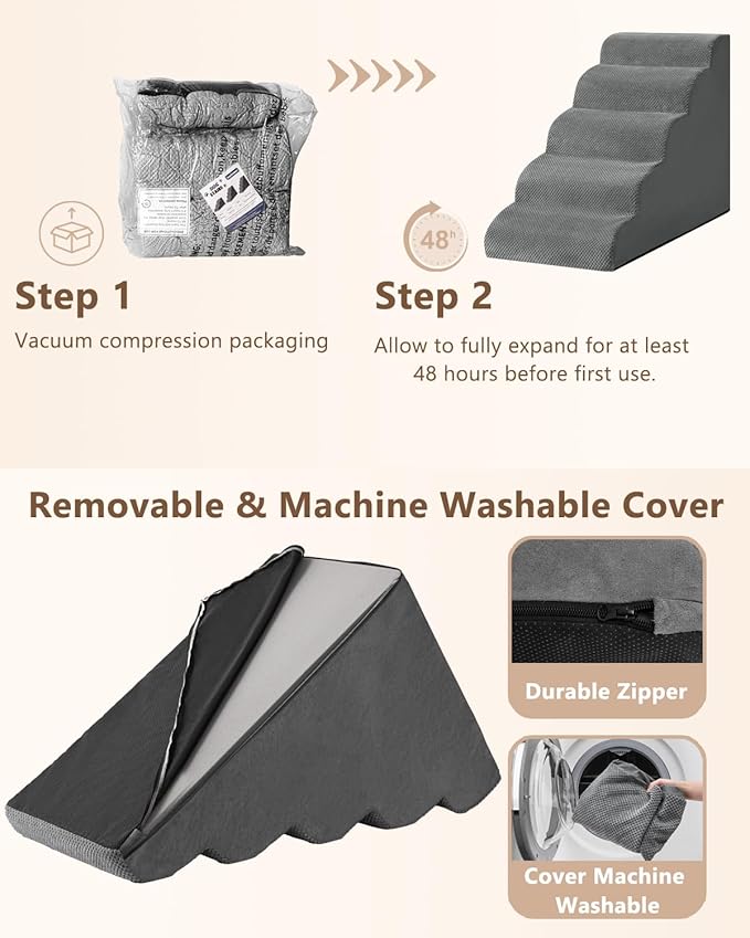 Aodisman Dog Stairs for High Bed,5 Step Dog Ramp for Small and Medium Dogs,Pet Stairs with Non-Slip Bottom for Puppy, Older Cat,Indoor Pet Steps,Comfort,Durable,22.4" H,Grey