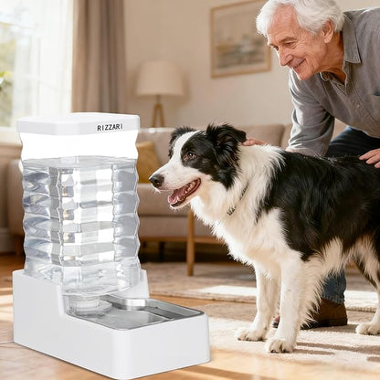 RIZZARI Stainless Steel Pet Waterer: 9L White Gravity Fed Water Dispenser Leak-Proof for Senior Dogs Joint Care Home Owners - with Filter - Bedroom Garden Use