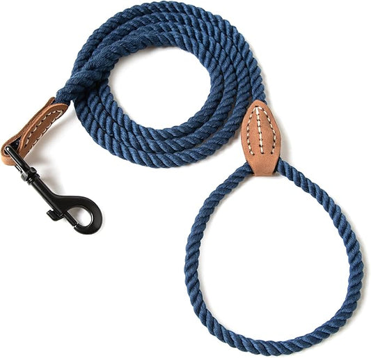 Mile High Life Dog Leash, Braided Cotton Rope Leashes with Leather Tip - Heavy Duty Metal Clasp, 5FT, 1/3" Thick - Wedding, Walking Leash for Small Medium Puppy(Navy)