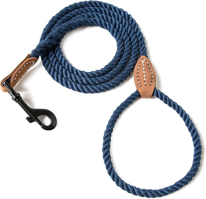 Mile High Life Dog Leash, Braided Cotton Rope Leashes with Leather Tip - Heavy Duty Metal Clasp, 6FT, 1/3" Thick - Wedding, Walking Leash for Small Medium Puppys(Navy)
