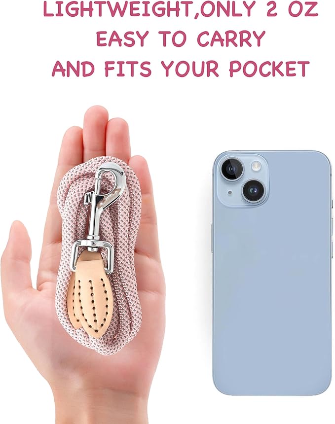 Mile High Life Small Dog Leash, Thin Lightweight Reflective Rope Leash with Genuine Leather Connection, Great for Small Medium Dogs (Pink, 72 Inch-1/3)