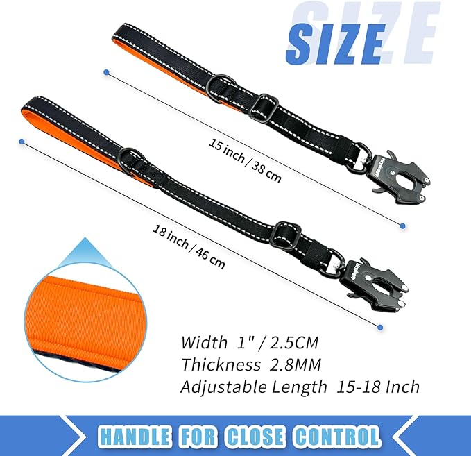 Strong Heavy Duty Dog Leash - Adjustable 15"-18" Reflective Nylon Training Leash with Padded Handle & Frog Clip, Traffic Control for Large Medium Dogs No Pull Walking Black Orange