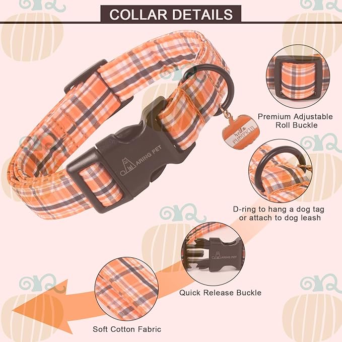 ARING PET Puppy Fall Dog Collar, Autumn Orange Black White Plaid Pet Collars for Small Medium Large Girl Boy Dogs Halloween-XS Size