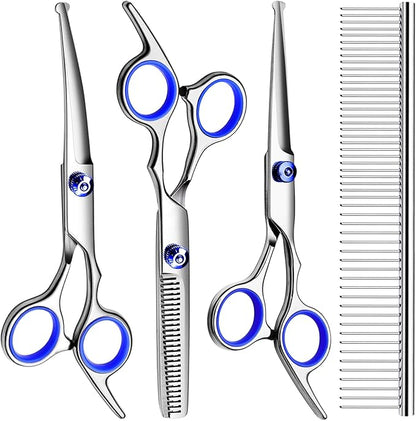 FAIGEO Professional Dog Grooming Scissors Kit, Titanium Coated Dog Scissors for Grooming, Grooming Shears Kit - Straight,Thinning, Curved Scissors and Comb for Dog Cat Pet (Blue 5 in 1)