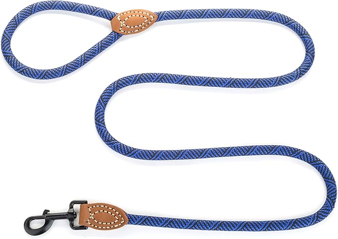 Mile High Life Rope Leash with Genuine Leather Connection, 6 FT/5 FT/4 FT, Heavy Duty Leash for Medium & Large Dogs (Blue, 48 Inch)