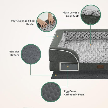 Casa Paw Orthopedic Dog Beds for Large Sized Dogs, Waterproof Memory Foam Large Pet Bed with Sides 35x22Inch, Non-Slip and Egg-Crate Foam Big Dog Couch Bed with Removable Washable Cover, Dark Grey